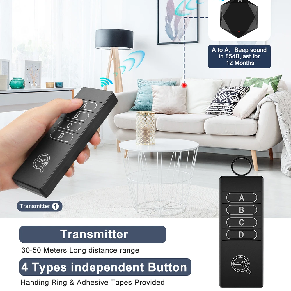 WSDCAM Wireless Key Finder Pet GPS Tracker 85dB Key Locator Remote Control 1 RF Transmitter 4 Receiver with 165ft Working Range