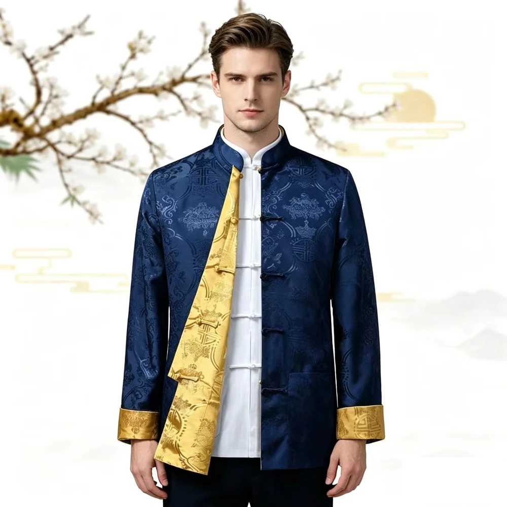 Reversible Men's Kung Fu Shirt Coat Chinese Traditional Style Dragon Print Martial Arts Clothing Male Jackets 2026 New