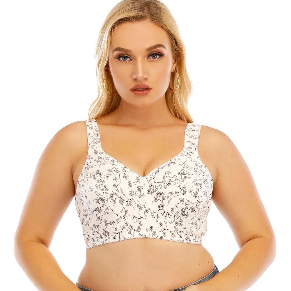 Wire Free Bra Plus Size Bras Full Coverage Bra Woman Floral Breathable Comfortable White Bras A B C D E F 34-48