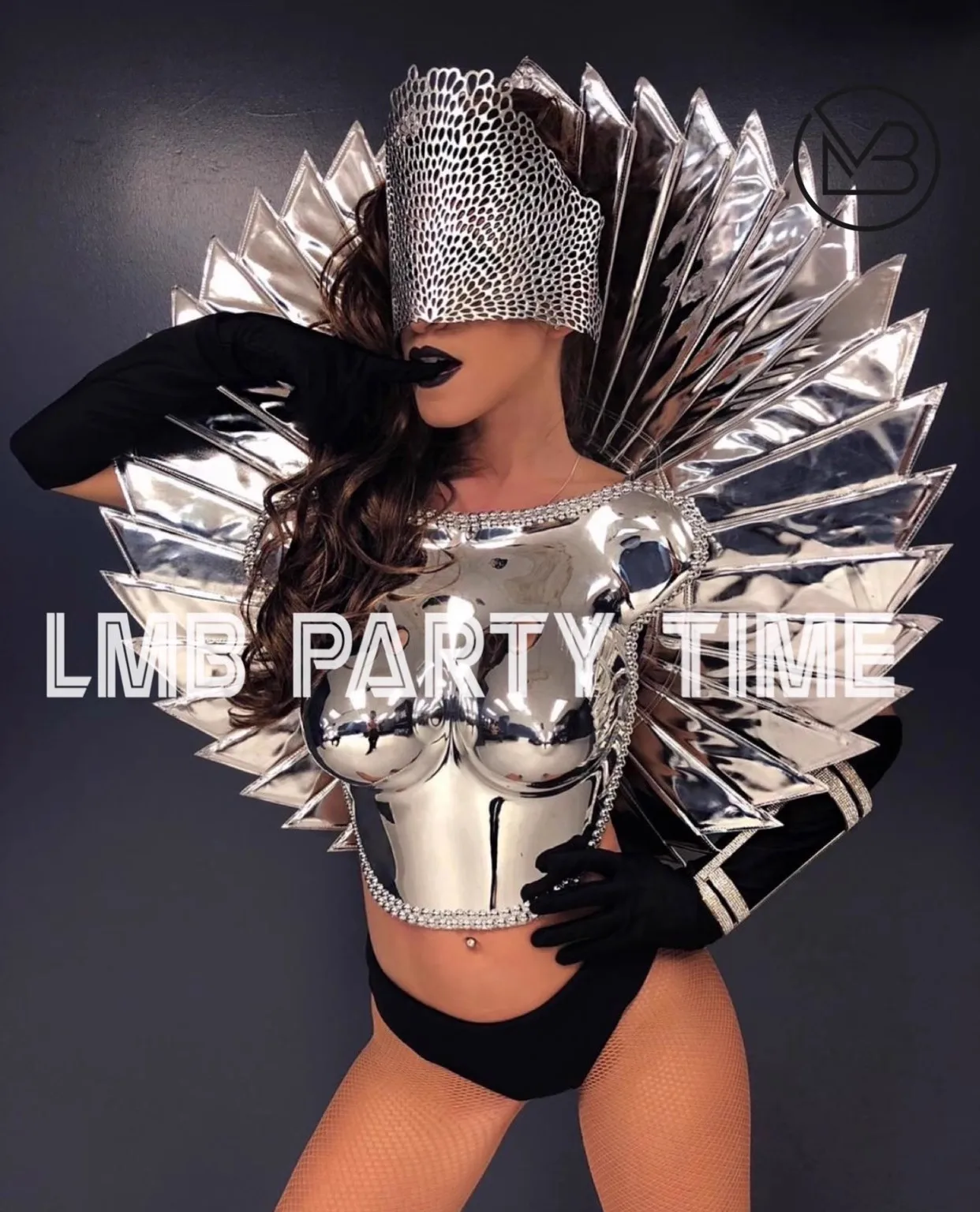 Gogo Performance Suit New Atmospheric Armor Clothing Mask+Back Plate+Bra+Shorts+Gloves 5piece Party Singer Stage Show Costume