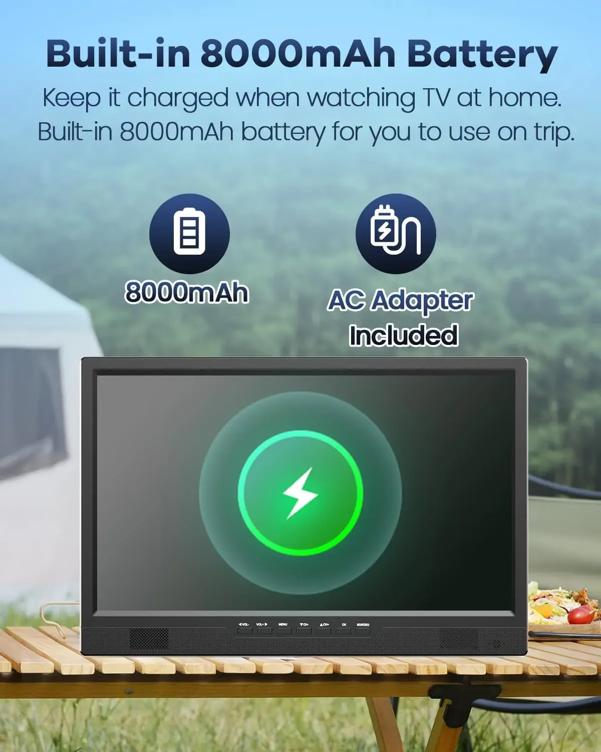 TV for Camping, 8000mAh Battery TV Portable for Power Outages, 180° Adjustable Stand, 1080P HDMI Input, AV Input, USB, Small TV