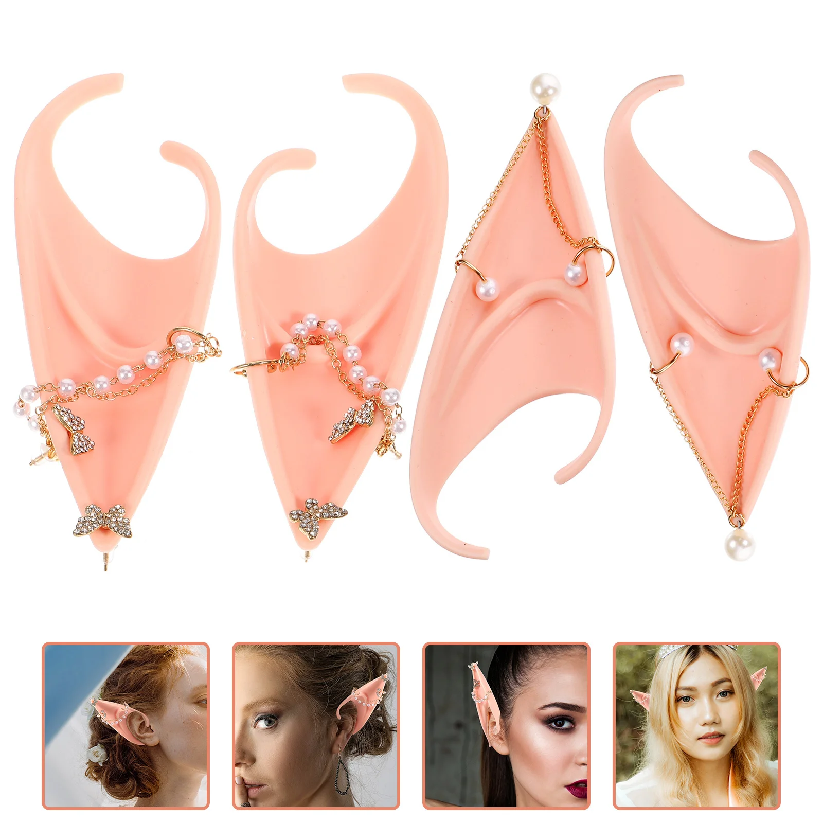 2 pezzi di orecchini a bottone con catena di perle, orecchie da elfo da fata, leggeri e confortevoli per un lungo abbigliamento, feste cosplay, carnevale in maschera di Halloween