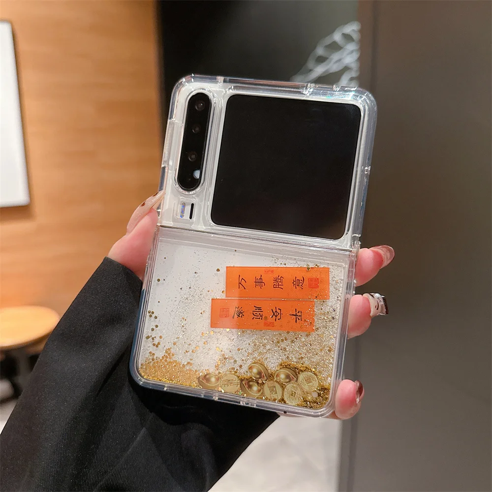 عناصر النمط الصيني الذهب الرمال المتحركة حافظة لهواوي بورا X للطي سيليكون الغطاء الخلفي لينة الديناميكية السائل الهاتف قذيفة فوندا #2