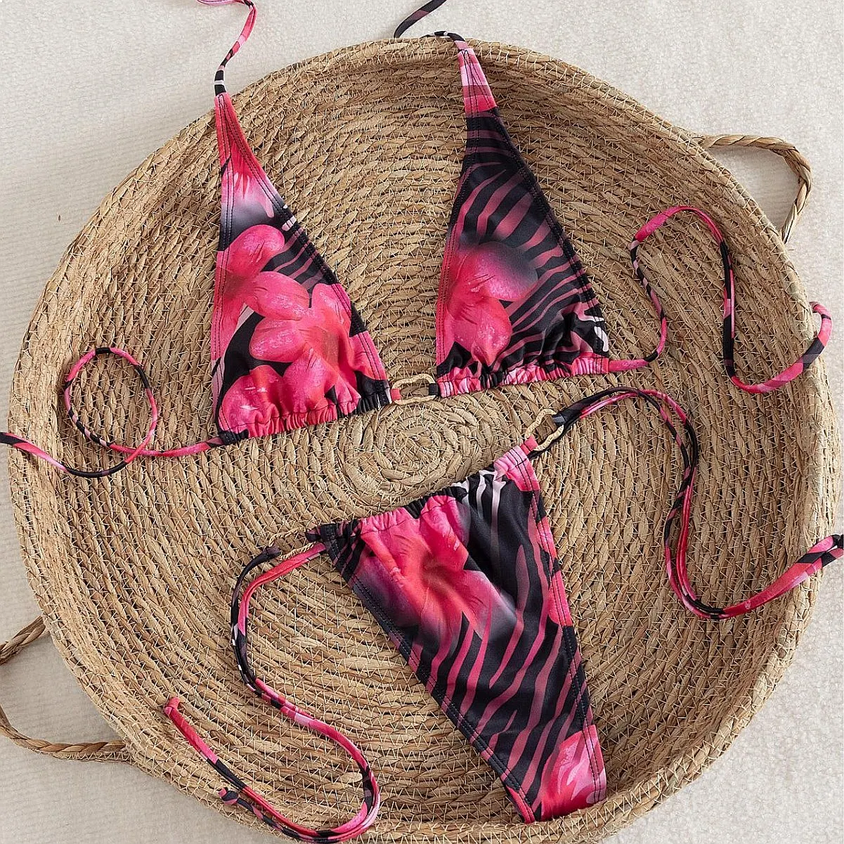 2026 Trendy Floral Tie Side Triangle Sexy Bikini Set Swimsuit for Women Summer Beach Wear