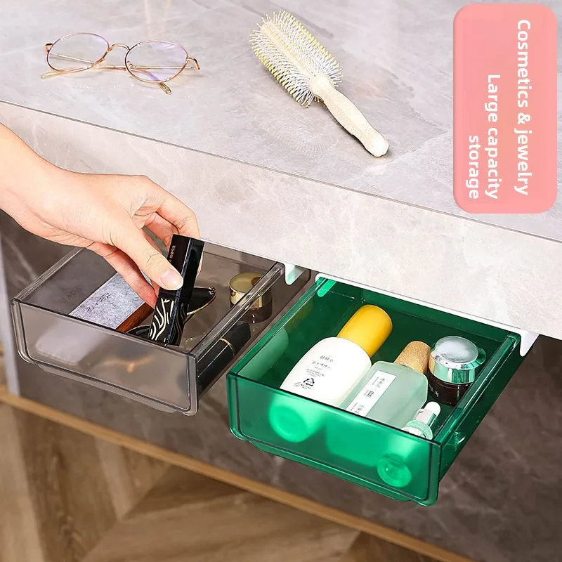 Clear Self-Adhesive Table Storage Holder Storage Box Under Desk Hidden Drawer for Cosmetics Memo Pen Stationery Office