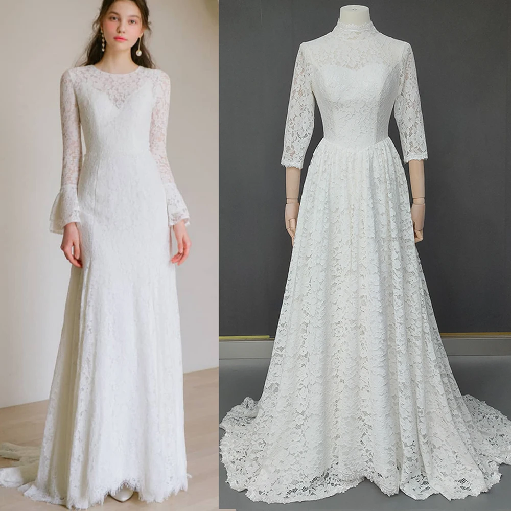 Lace Long Trumpet Sleeve Wedding Dress Elegant Cheap Scoop Neck Custom Made Sheath Rustic Engagement Bridal Gown for Photography