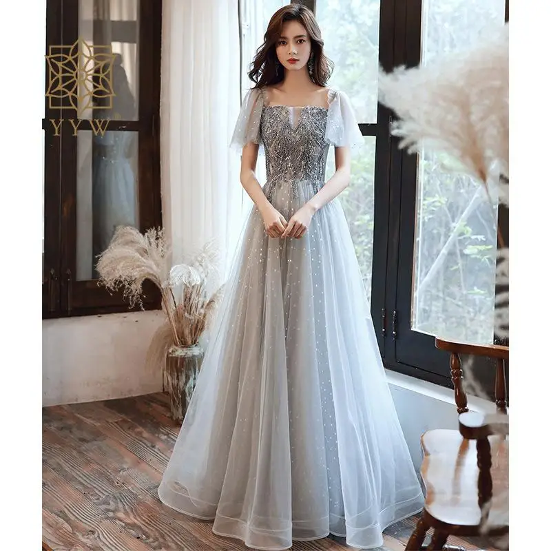 New Gray Long Half Sleeve Lady Girl Women Princess Bridesmaid Banquet Party Ball Prom Dress Flower Embroidery Performance Gown