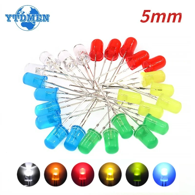 100PCS 5mm Diffused LED Diode Kit 6 Colors Lamp Light Emitting Diode Bulb Indicator White Green Red Blue Yellow Orange