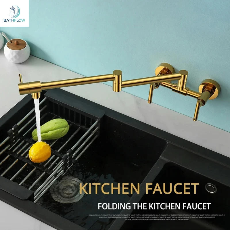 Pot Filler Faucet Wall Mounted Kitchen Mixer Solid Brass Swivel Spout Hot And Cold Water With Dual Handle