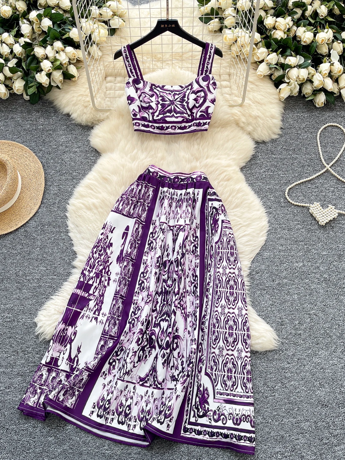 

French Vintage Print Floral 2 Piece Sets Womens Midi Skirts Outfits Summer Backless Crop Top and High Waist Skirt Two Piece Set