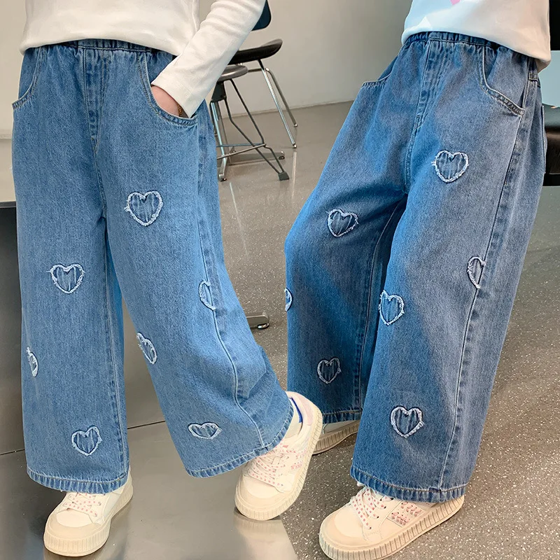 Ripped Heart-shape Jeans for Kids Girls New Arrival Elastic Mid Waist Blue Baggy Straight Jeans Denim Student Long Pants JY01082