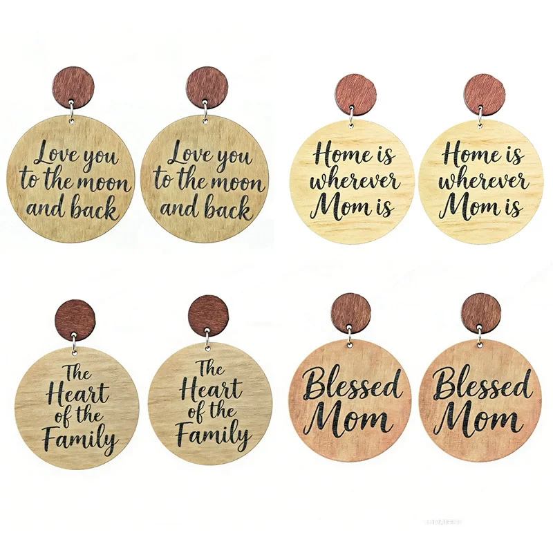 12 Pairs New Mother's Day Earrings Wooden Mom Thanks for Warm Text Texture Earrings Forest Series Geometric Earrings Gifts