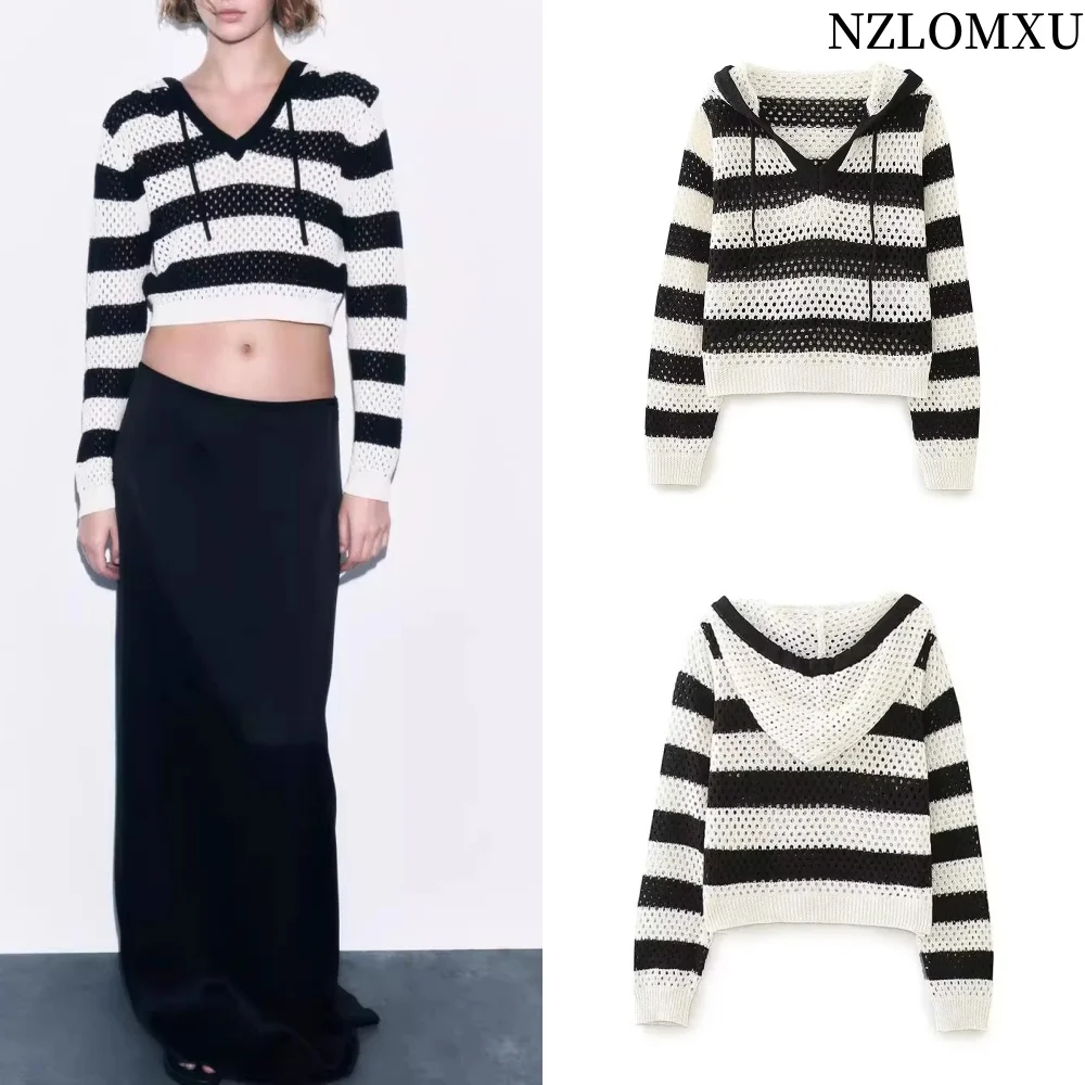 

2025 Autumn Women's V-neck Long Sleeves Hollow Loose Pullover Striped Jacquard Mesh Knitted Hooded Drawstring Short Top