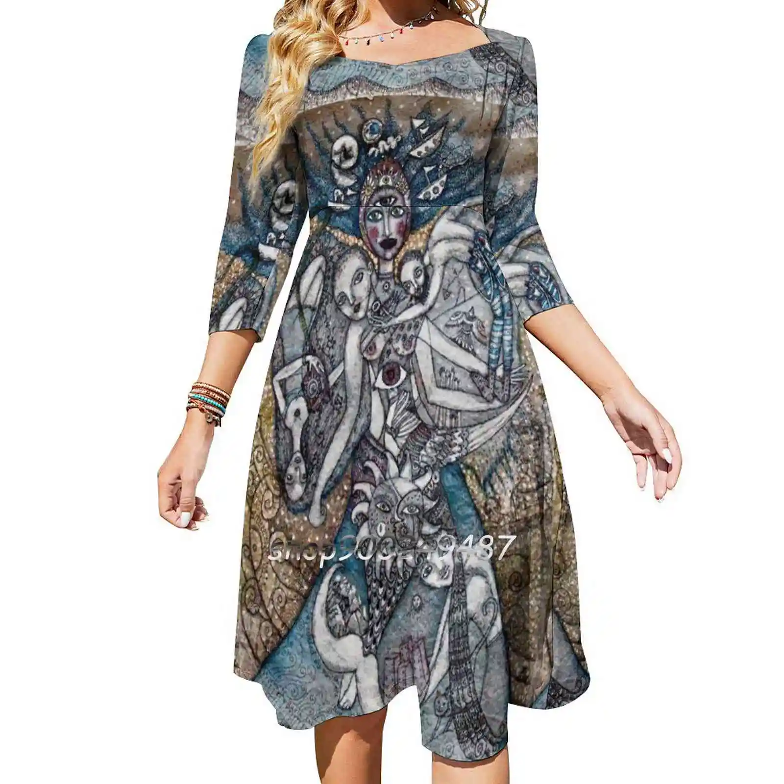 Ofrenda A Los Siete Mares Square Neck Dress Cute Loose Print Dresses Elegant Beach Party Dress Sea Deity Nature Magical La