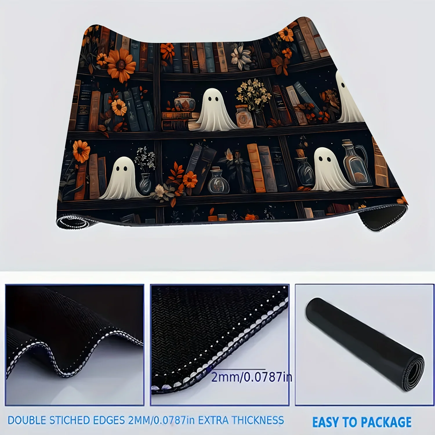 Tappetino per mouse a tema Halloween e autunno, durevole, resistente alle macchie, base in gomma antiscivolo, design carino della biblioteca dei libri, tappetino per tastiera XXL