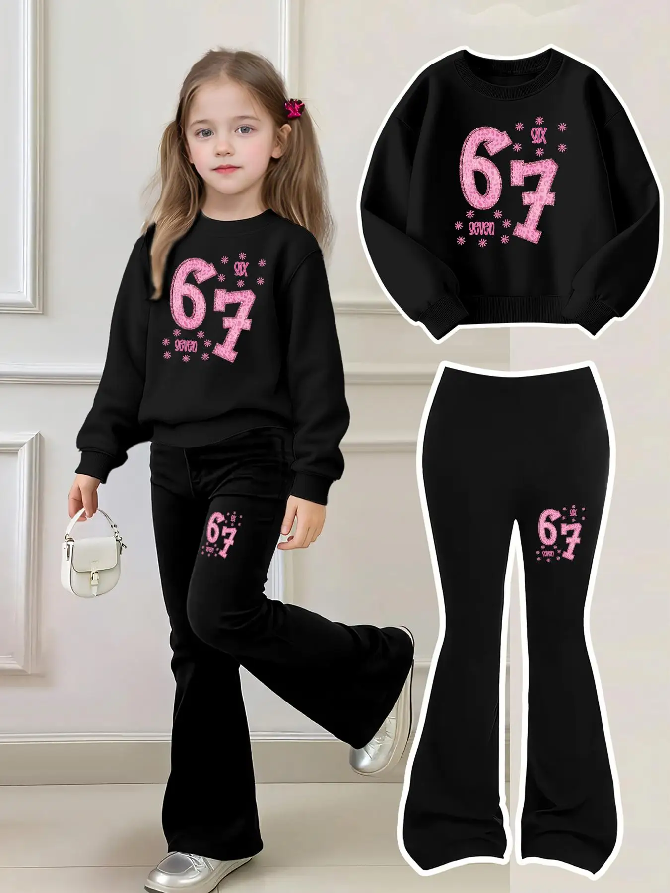 Children's Clothing Set for Girls Ins “67 Six Seven” Printed Sweatshirt + Flared Pants Two-Piece Set, Black Pants Paired with Black, White, Rose Red, and Pink Tops, Suitable for Children Aged 4-12