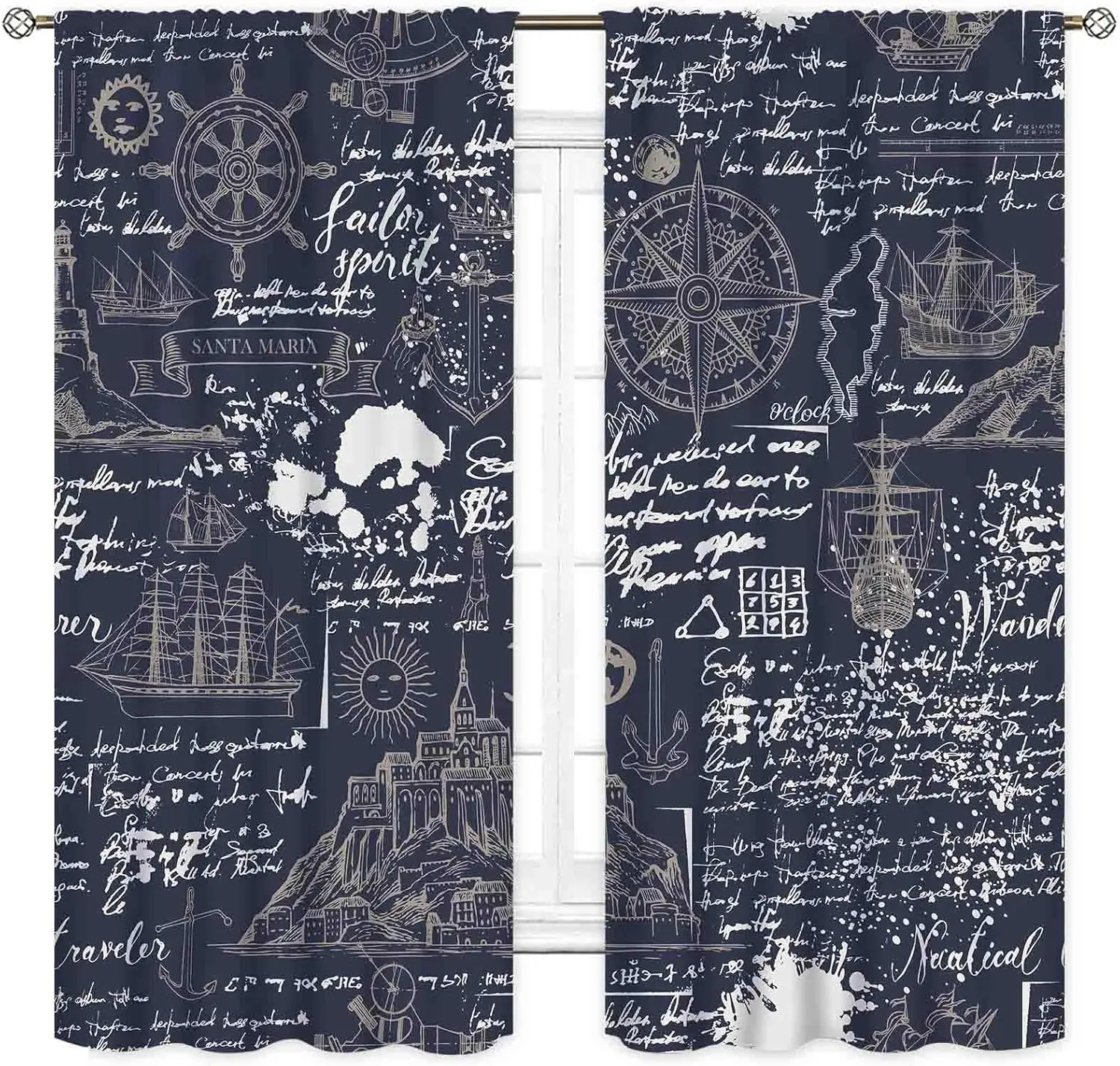 Vintage Nautical Curtains, Marine Coastal Sailboat Compass Anchor Ocean Beach Old Pirate Map Navy Blue Blackout Retro Drapes for