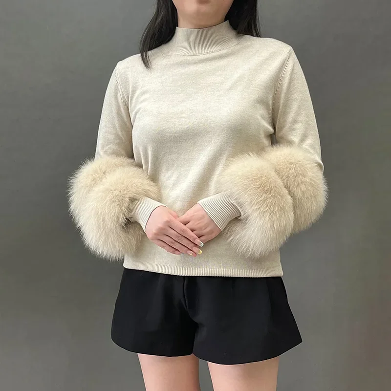 

Lady autumn winter sweater fox fur cuff fashion pullover women knitted sweater detachable sleeve s5573