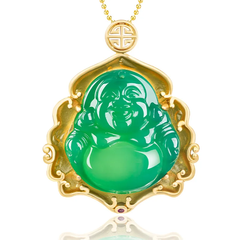 

Green Real Jade Maitreya Pendant Necklace Choker Natural Jewelry Charm Luxury Carved 18K Gold Plated Designer Gifts for Women