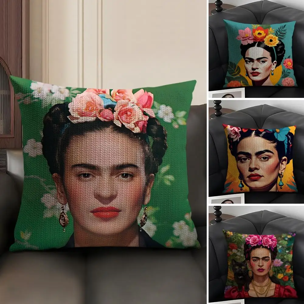 F-Fridas Painting Art Fashion Cushion Cover Natural Linen Organic Fabric Double-Sided Printing Sofa Home Decor Gift Pillow Case