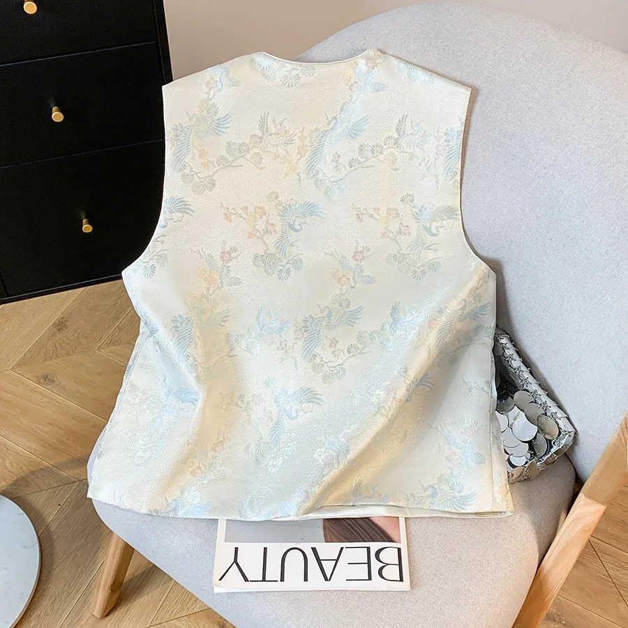 New Chinese Style Handmade Embroidered V-neck High-end Satin Jacket Loose Crane Design Polyester Fiber 100% Women's Vest