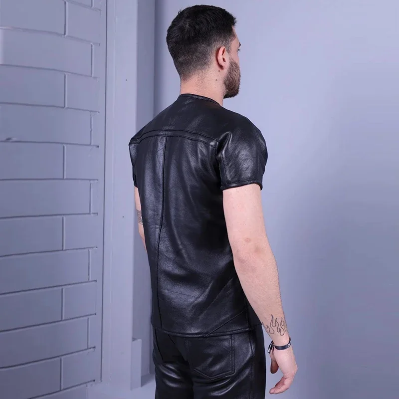 Black Matte Faux Leather Short Sleeve Round Neck Men Shirts Male Vintage Splicing PU Sexy Jackets Shirt New Hot Clothing Custom