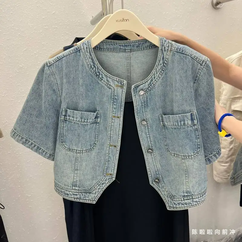 

Summer Women Short-sleeved Denim Jacket Street Fashion Round Neck Single-breasted Outerwear Short Top Blue Retro Jean Shirt Tees