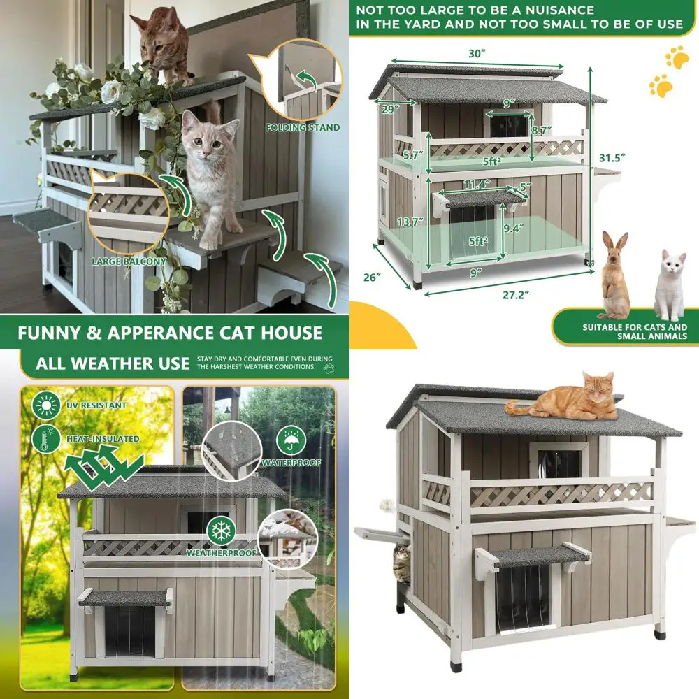 

Всепогодный уличный домик для кошек с балконом для 2 кошек, внутреннее убежище с удобной дверцей и открывающейся крышей