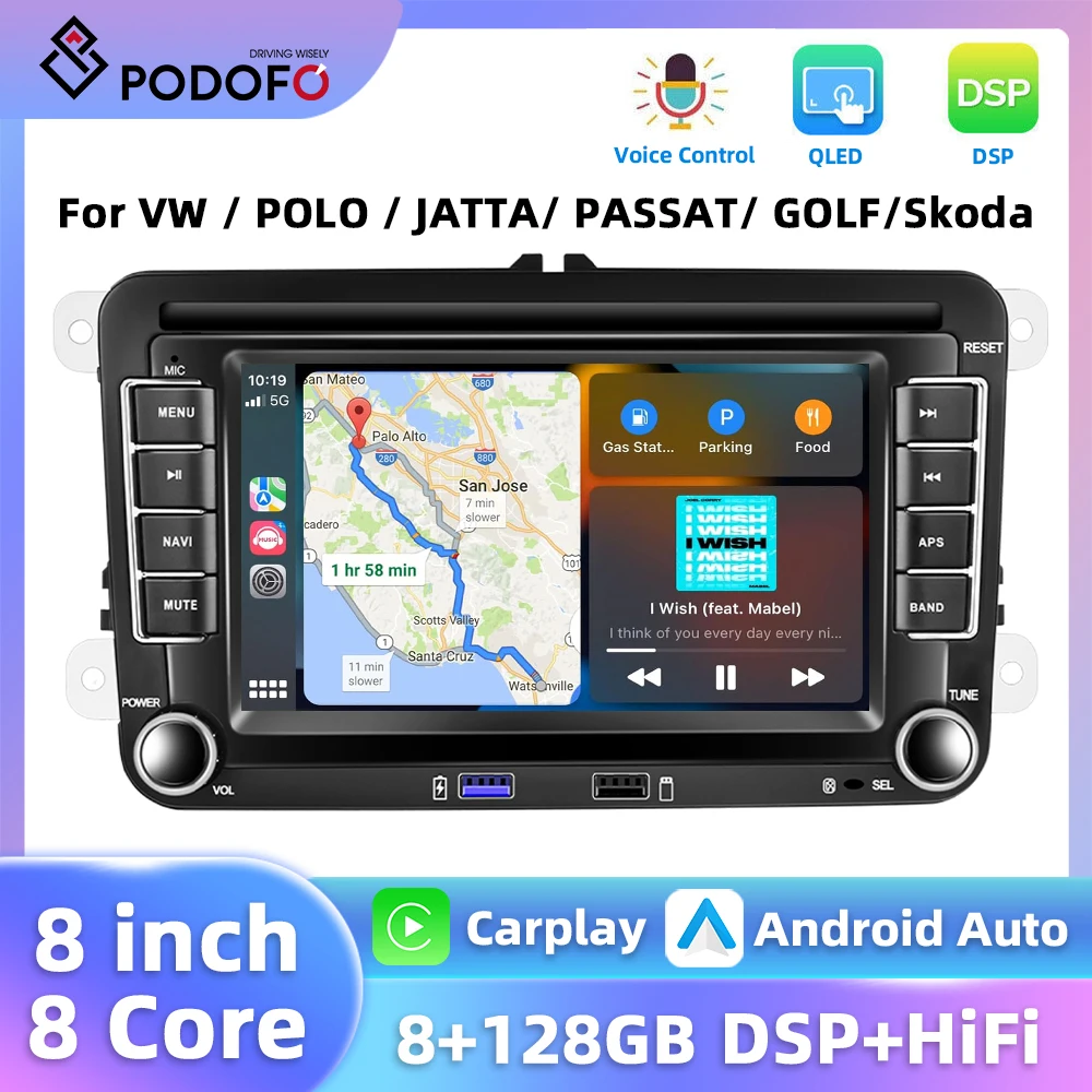 Podofo 8-core 8+128G Android Car Radio For VW / POLO / JATTA/ PASSAT/ GOLF/Skoda 7'' AI Voice Carplay Android Auto GPS WIFI DSP