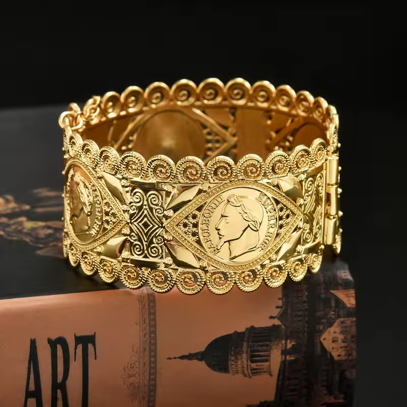 An Algerian Bride's Bracelet Jewelry With Napoleon Graphic Coin Design Finely Carved, A Wrist Accessory For Wedding Dress - Image 9