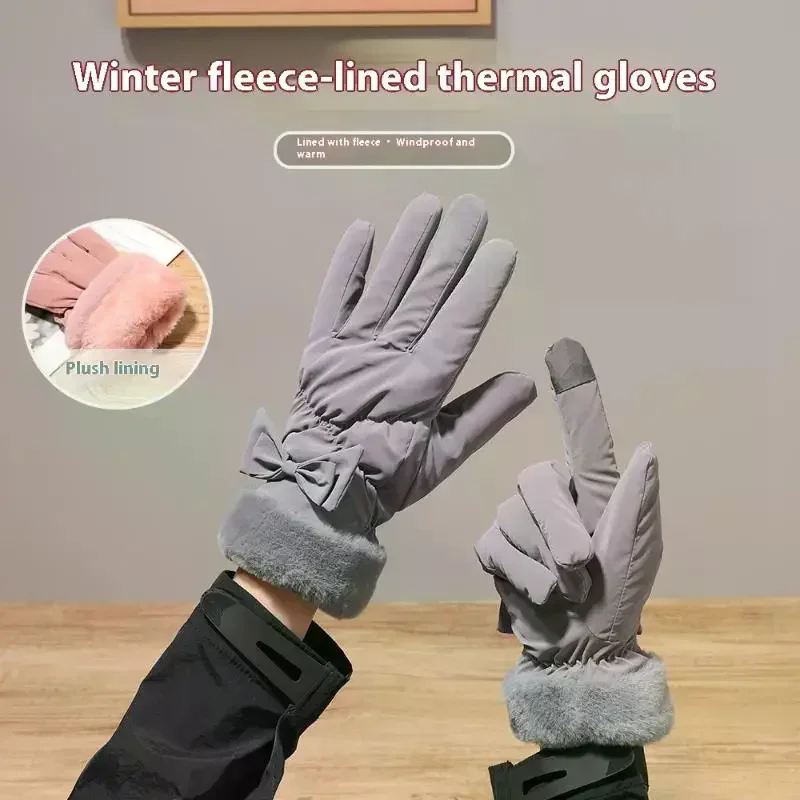Ski Gloves Women Winter Fleece Thickened Warm Plush Cotton Waterproof Touch-Screen Gloves For Outdoor Riding Mountaineering