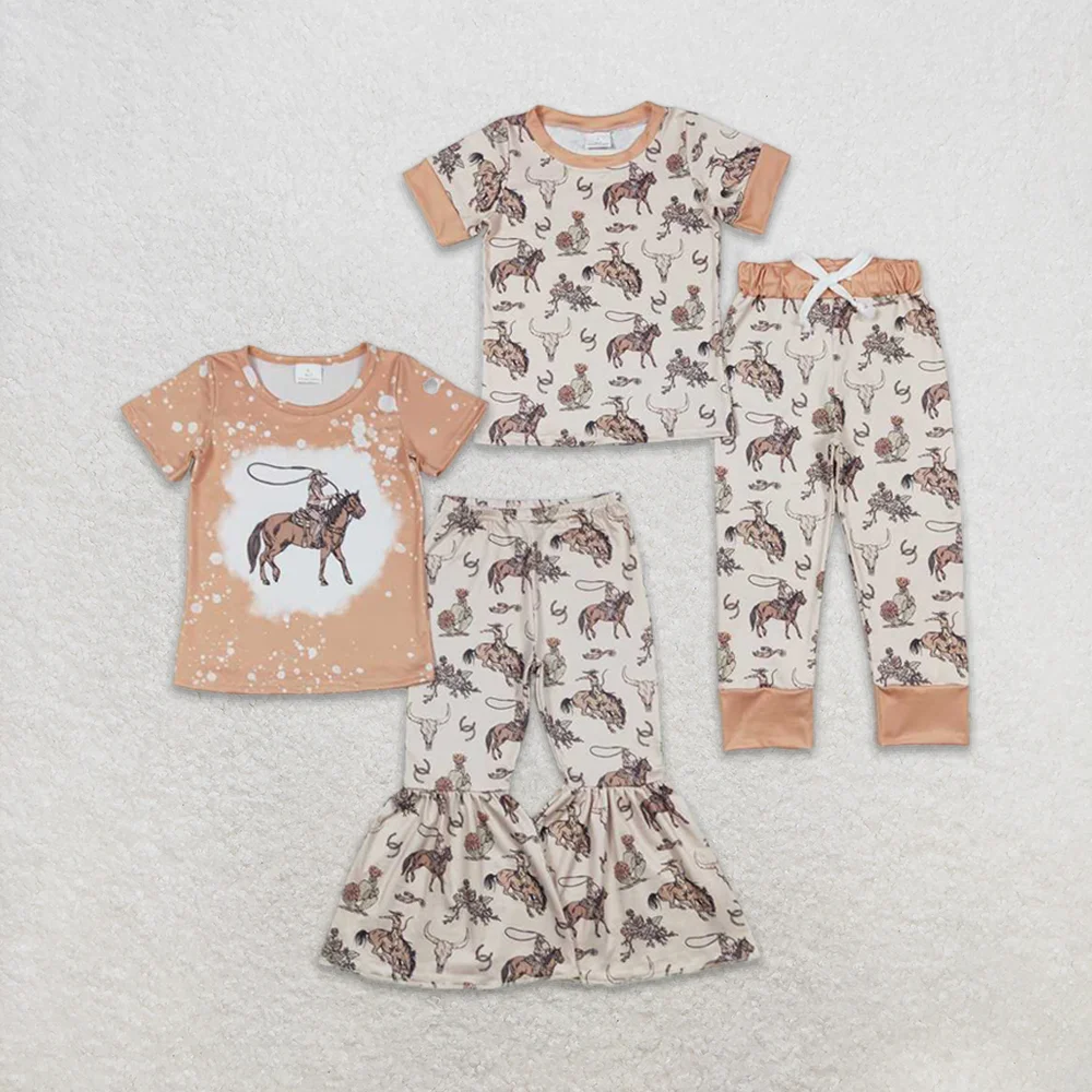 

Wholesale Children Toddler Western Outfit Baby Girl Short Sleeves Shirt Kids Bell Bottom Pants Matching Pajamas Infant Clothing