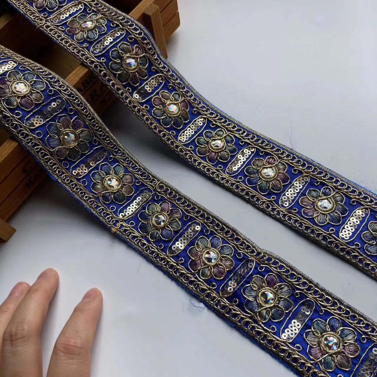 1 Yards 4.5cm Blue Sequin Embroidery Lace Ribbon Trims Craft DIY Sewing Ethnic  Strand Clothing Collar Accessories