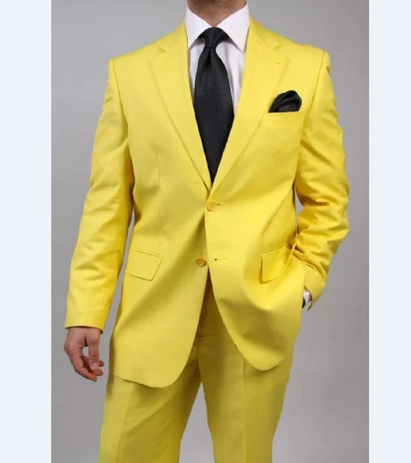 Terno amarelo casual masculino, lapela entalhe, blazers slim fit, jaqueta personalizada, traje de calças, conjunto de 2 peças, moda, alta qualidade