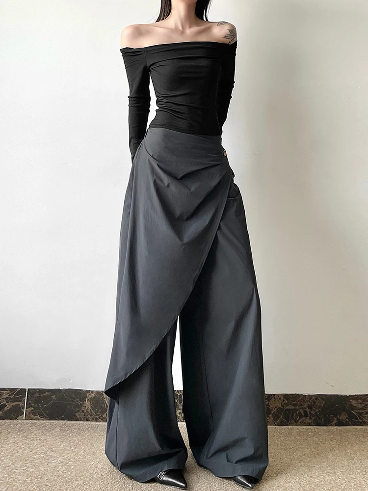 กางเกงลำลองเอวสูงทรงสลิมสไตล์เรโทรแฟชั่นต้นฤดูใบไม้ร่วง WEIRD PUSS กางเกงลำลองเอวสูงทรงไม่สมมาตรสำหรับผู้หญิง