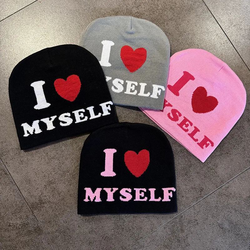 I LOVE MYSELF Letter Jacquard Beanies Hats Winter Warm Knit Hats Men's Women's Skiing Unisex Outdoor Windproof Skullcap Hiphop