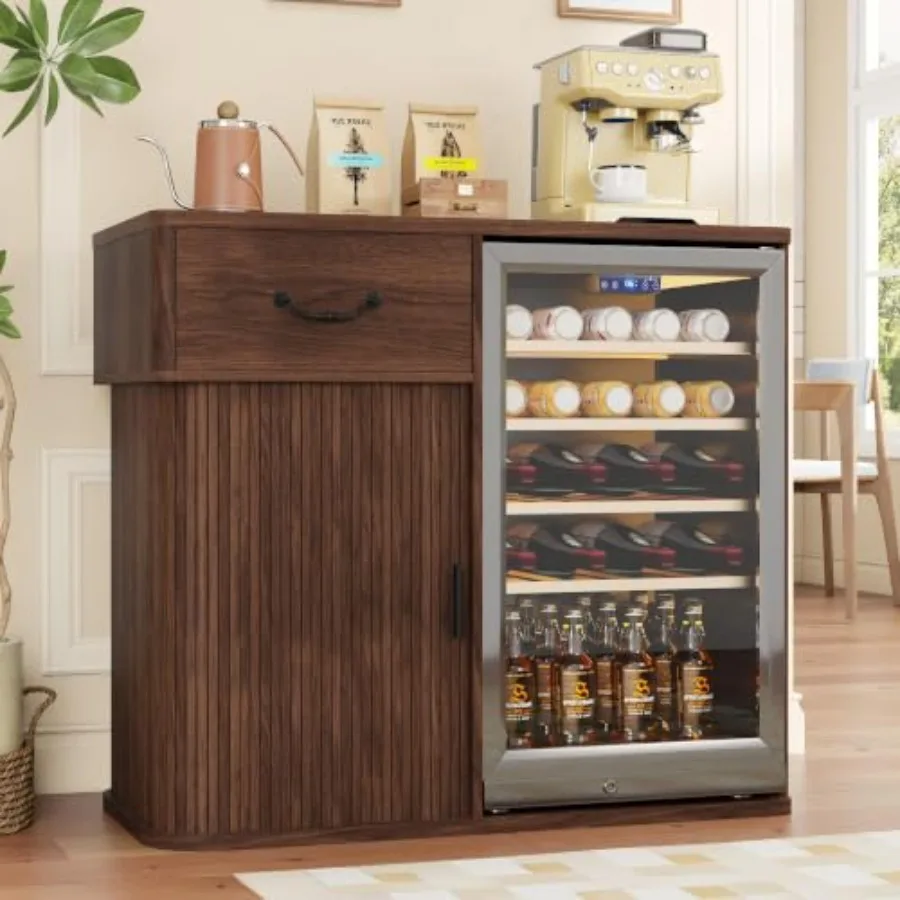 Coffee Bar Cabinet with Mini Fridge Space, Drawer and Glass Holder