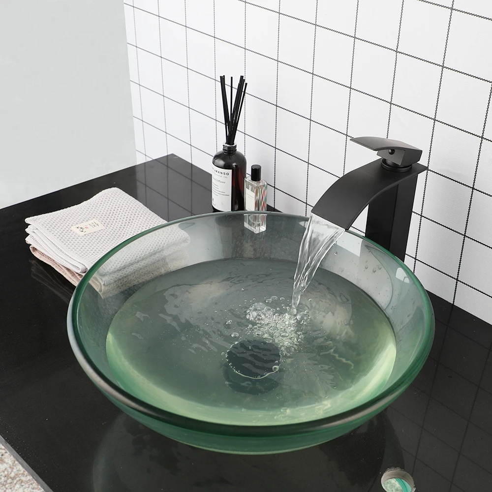 KEMAIDI Round Bathroom Vessel Sink Above Counter Tempered Glass Sink with Black Faucet Mixer and Black Pop-up Drain Combo