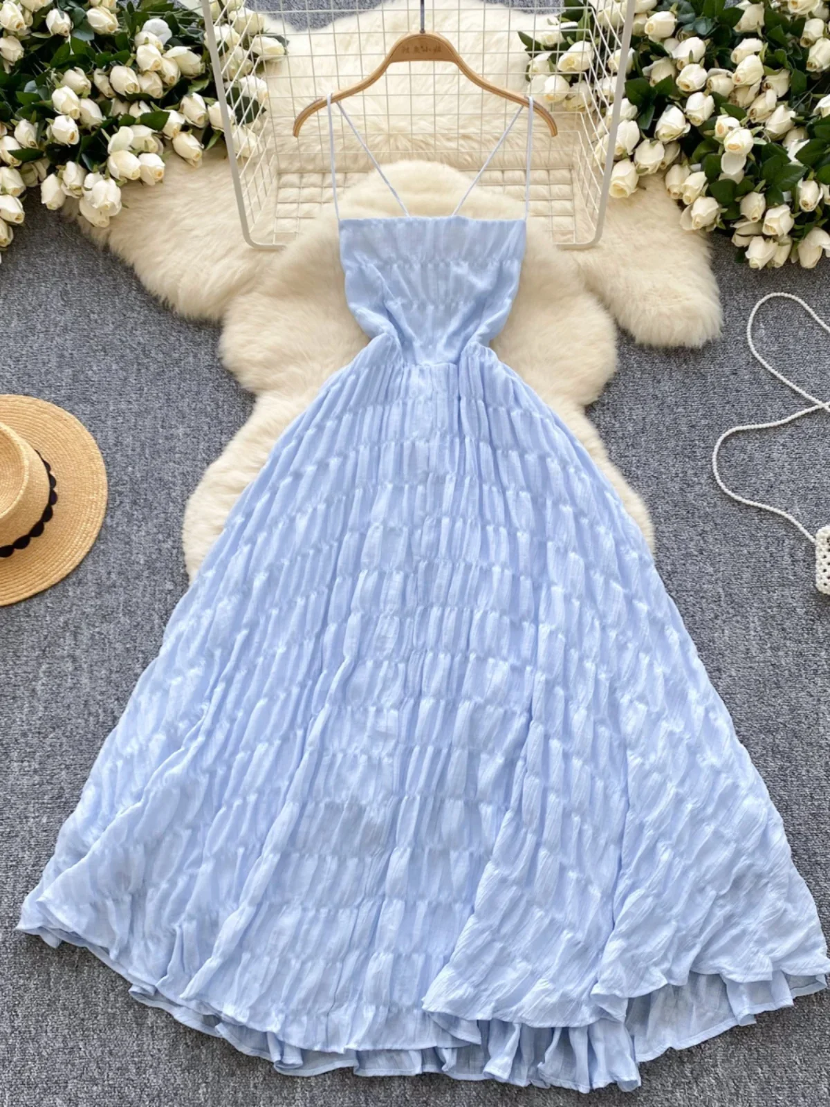 Ofallsis French Style Gentle Camisole Dress 2024 Summer Women's Waist Cinched Backless Strap Unique Fairy Female Long Dresses