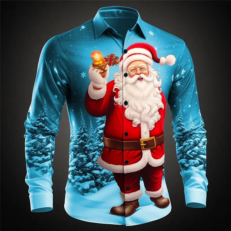 2025 Christmas Santa Claus&Snowman Print Shirts For Men Festival Casual Men\'s Shirt Autumn Long Sleeve Top Oversize Men Clothing