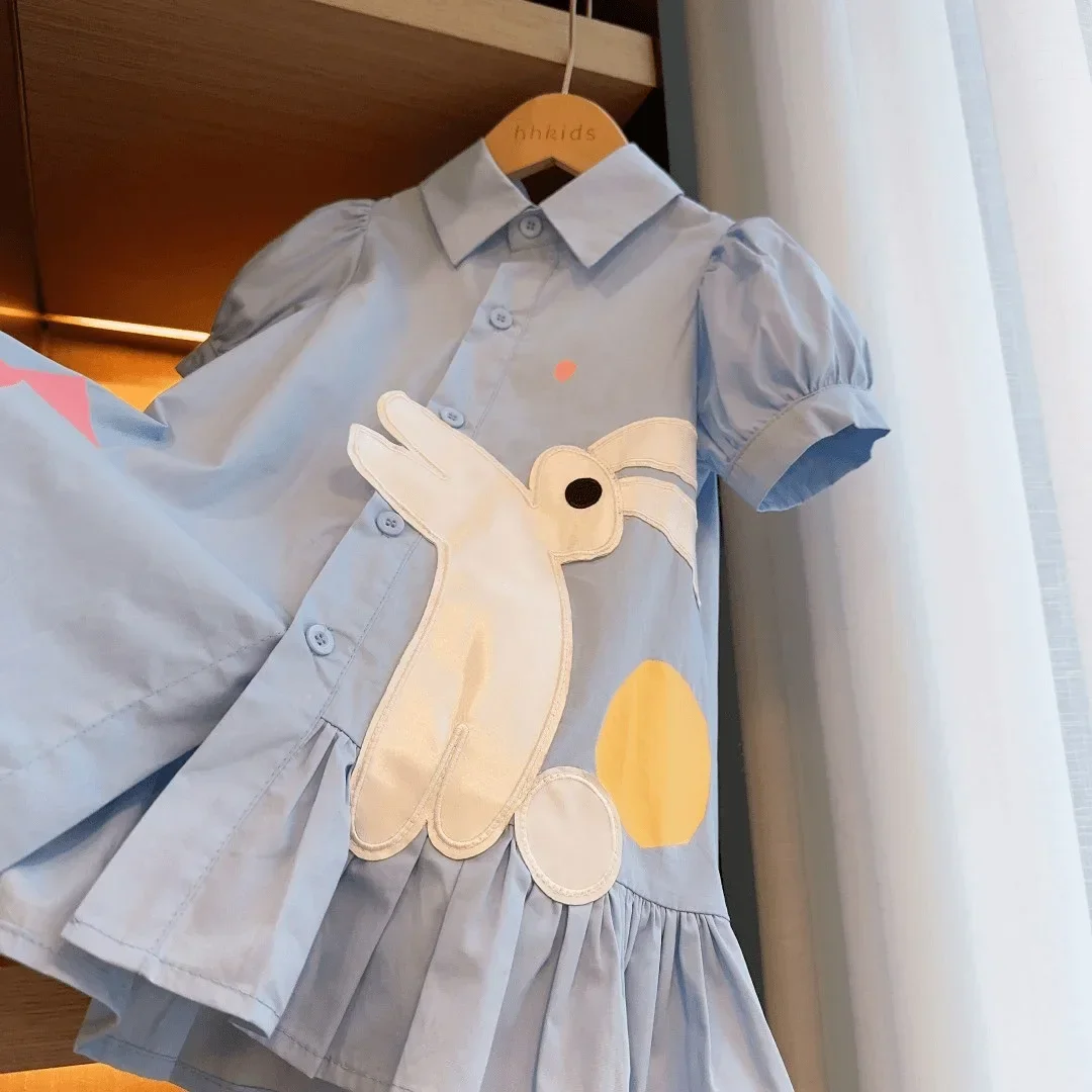 Baby Girls Dresses Kids Short Sleeved Cartoon Dress Toddler Blue Costume 2024 1 To 8 Yrs Children\'s Korean Style Clothing