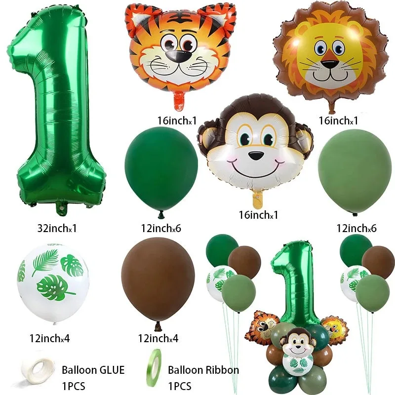 26Pcs Set Forest Animal Aluminum Foil Birthday Decoration Scene Arrangement 32Inch Green Digits Latex Balloon Set