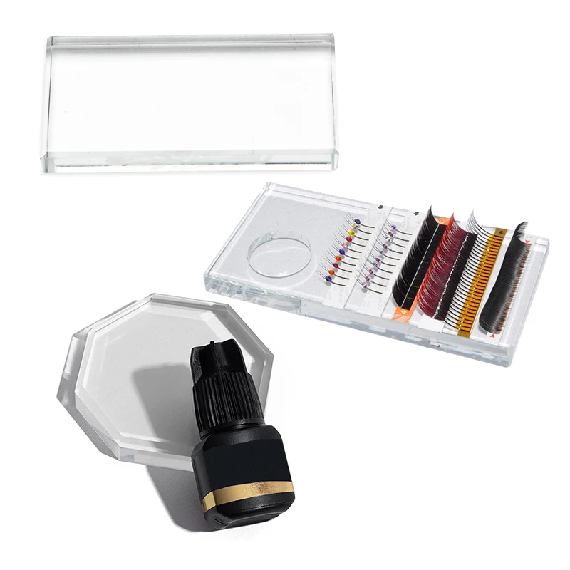 Supporto per colla per ciglia finte Cuscinetti per supporto per estensione ciglia per pallet con supporto per colla adesiva in vetro cristallo con marchio per zecche