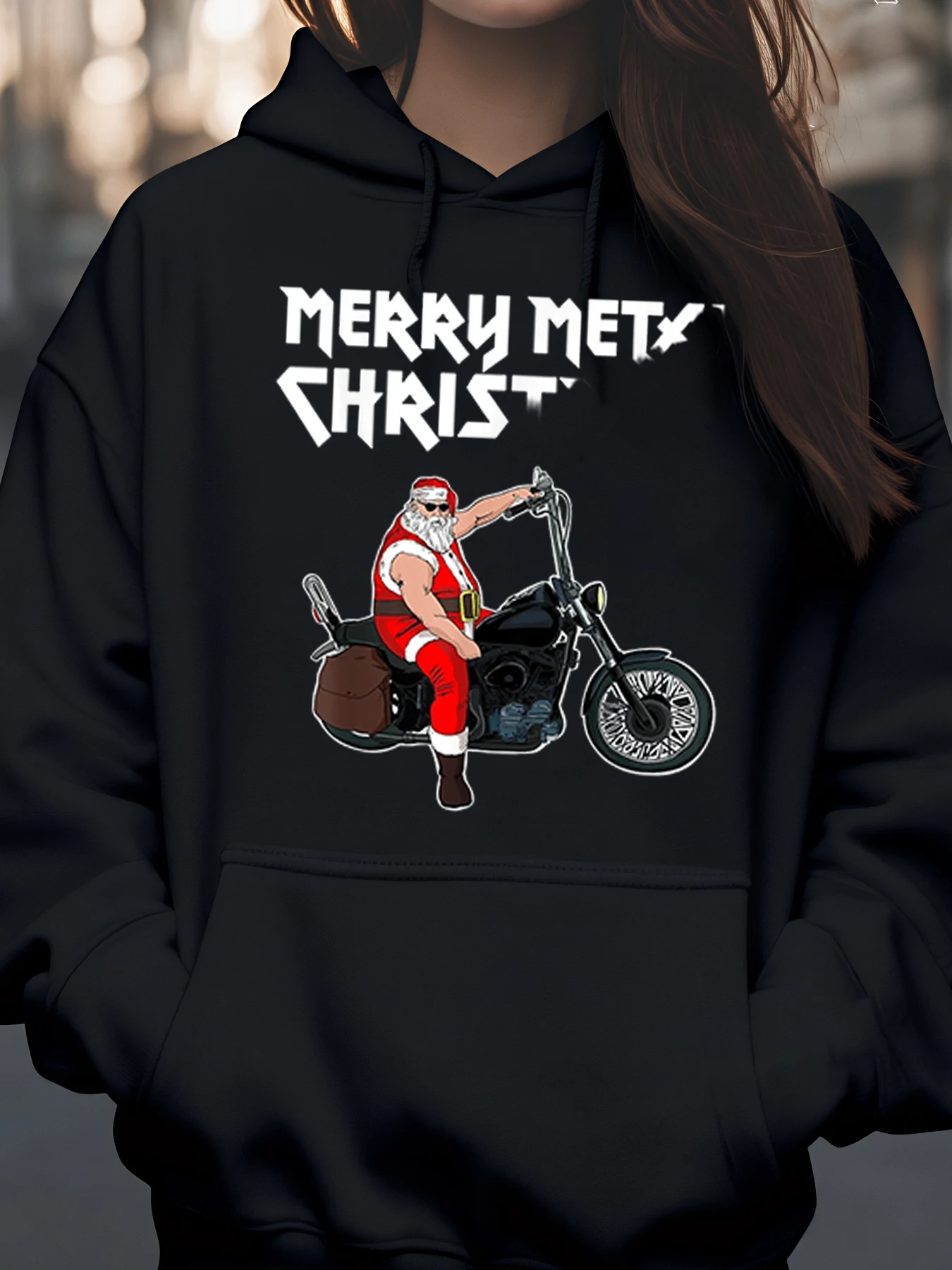 

Санта на мотоцикле Merry Metal Рождественская толстовка с капюшоном Праздничная повседневная одежда унисекс