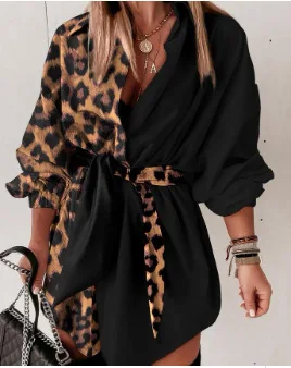 Pullover Dress for Women Streetwear 2023 Autumn Elegant Print Contrast Panel Leopard Lace Up Mid Sleeve High Waist Shirt Dresses