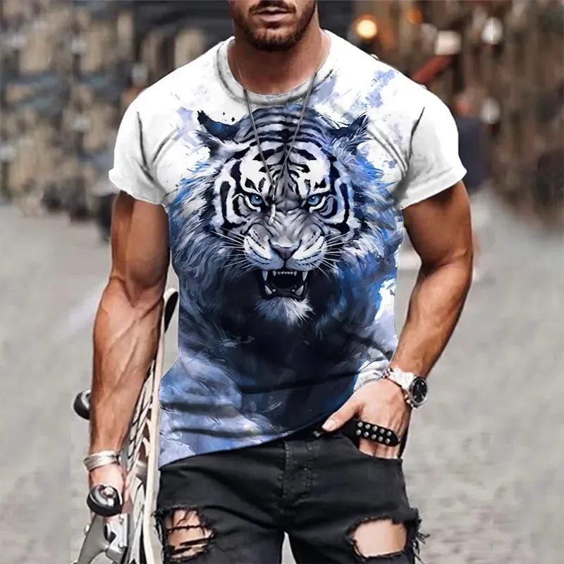 Mens 3D Tiger Print Short Sleeve T Shirt Crew Neck Breathable Stretch Casual Fashion Tee for Outdoor Party Weekend Wear 2026