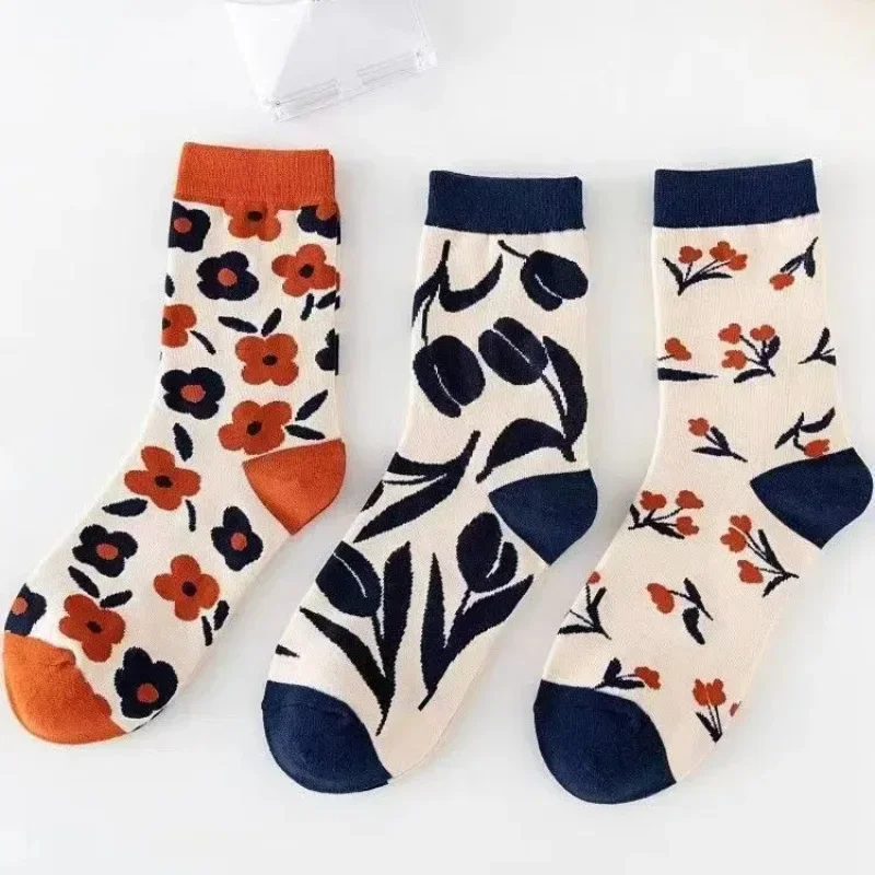 3 Pairs Socks Women Literary and Retro Style Mori Floral Tulip Long Socks Set Knitted Comfortable Autumn Casual Stockings Women