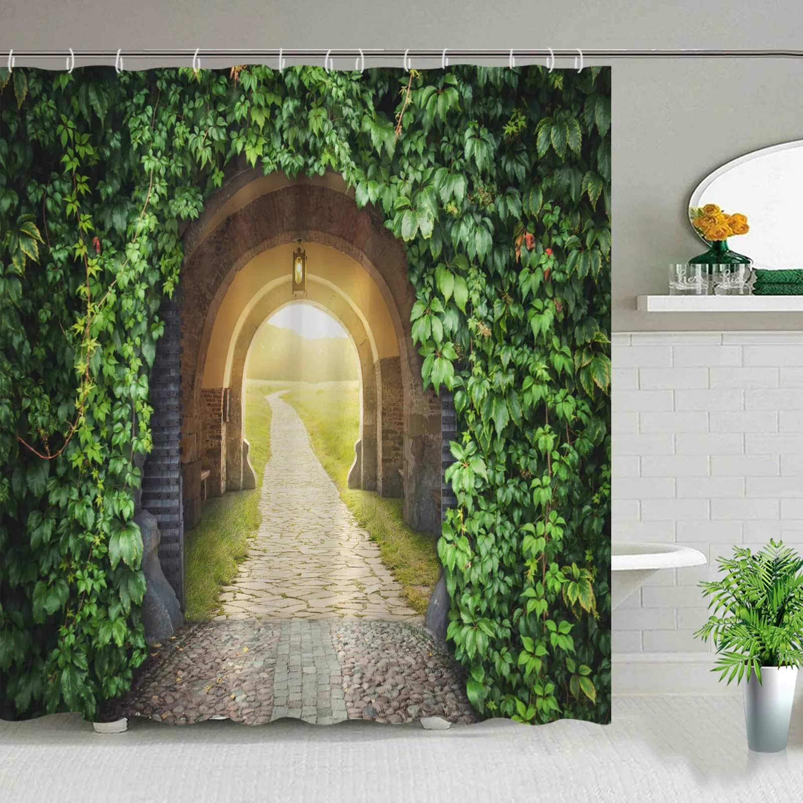 Cortina de ducha de paisaje de jardín 3D, caminos de madera, arco europeo, hermoso paisaje de fantasía, tela, cortinas decorativas para baño, gancho