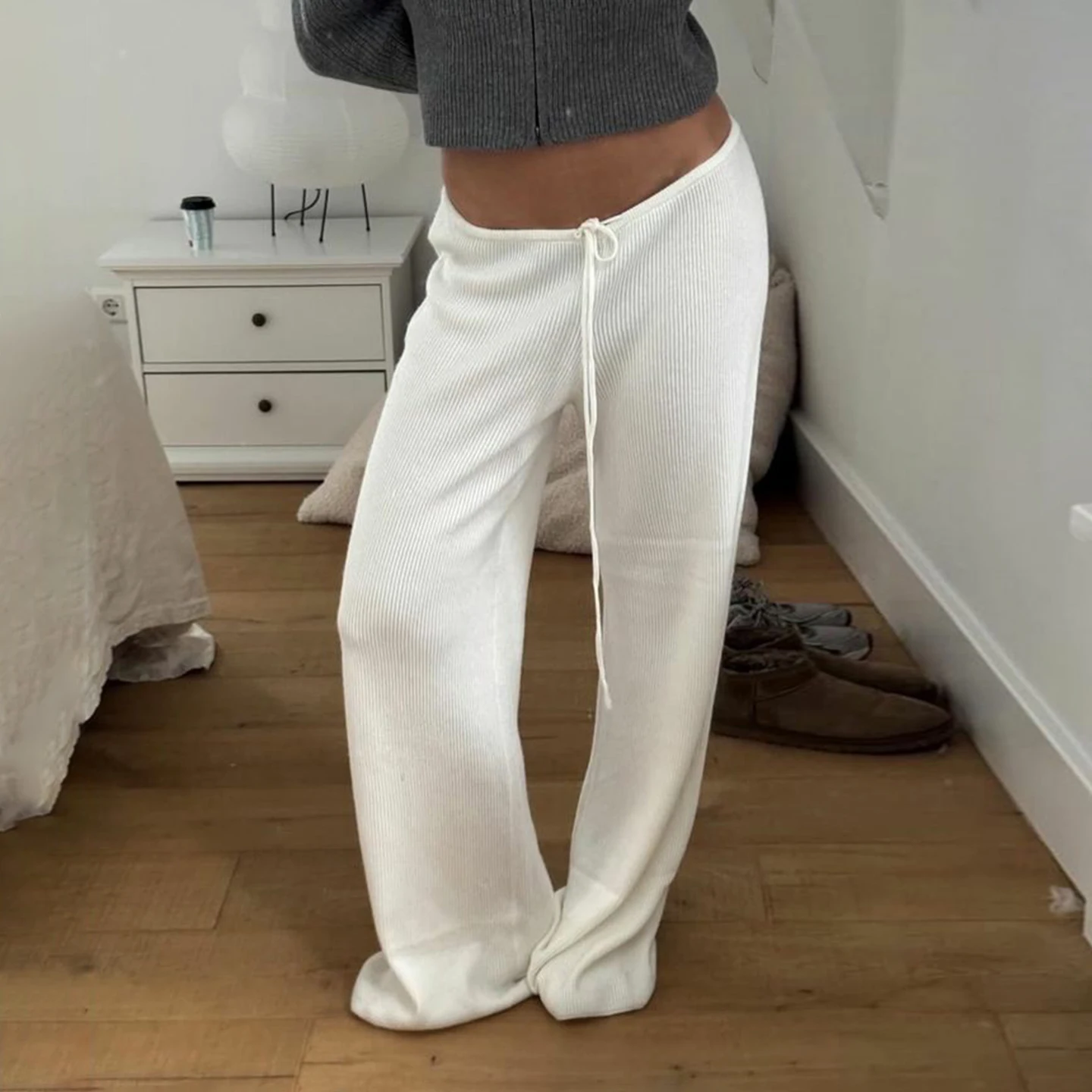 

Basic Solid Low-Waisted Ribbed Knitted Pants Casual Loose Drawstring Wide Leg Pants Soft Comfy Lounge Wear Trousers Streetwear