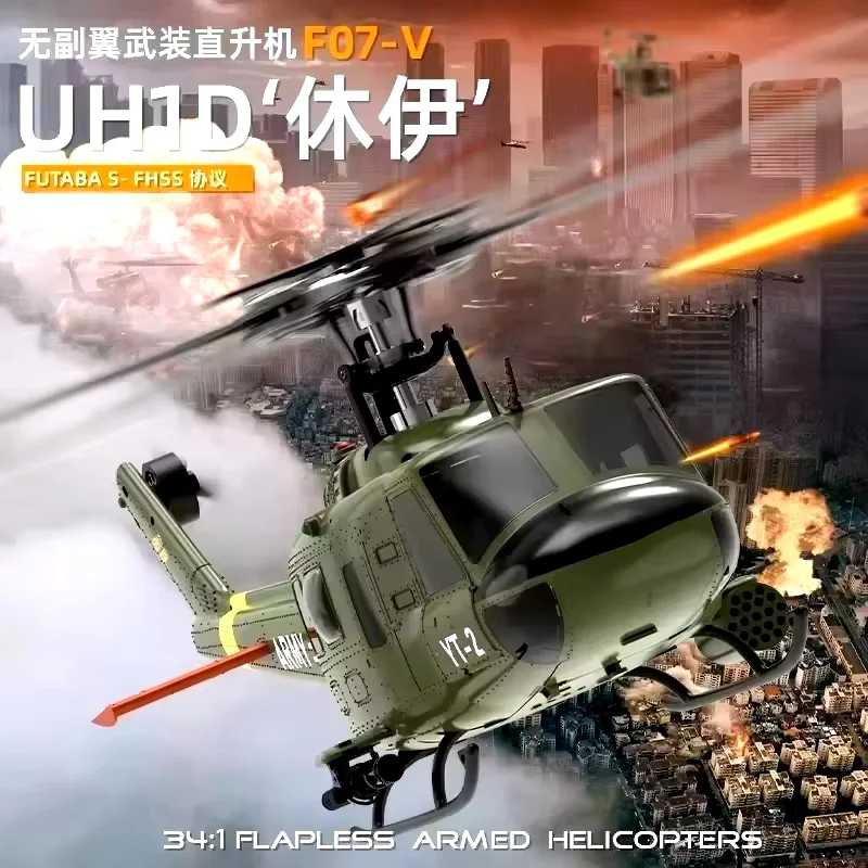 Yuxiang f07 huey uh1d helicóptero de controle remoto realista seis canais 3d dublê helicóptero alta simulação modelo aeronave brinquedo gif